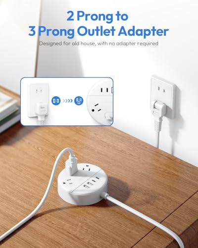 Regleta de energía de 2 clavijas NTONPOWER, cable de extensión de 10 pies con adaptador de 2 clavijas a 3 clavijas, 3 tomas, 4 USB (2 USB C), montaje en pared para casas antiguas sin toma a tierra, color blanco miniatura 3