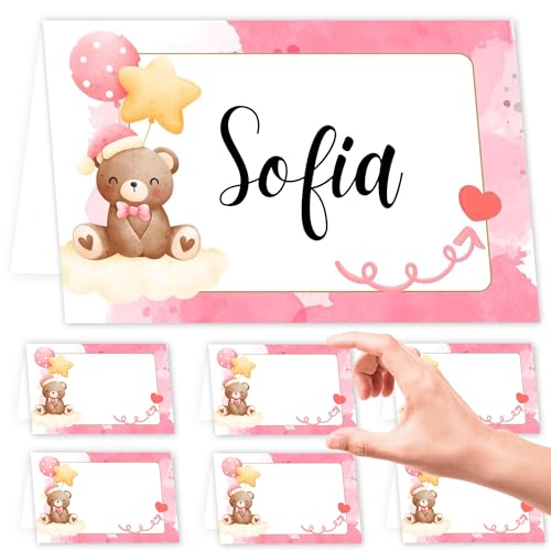 Segnaposto Battesimo Compleanno Bimba, 50 Segna Posto Tavolo Carino Orso Originale per Eventi, Segna Posto Decorazioni Tavola Battesimo Cerimonia Comunione Cresima (Rosa)