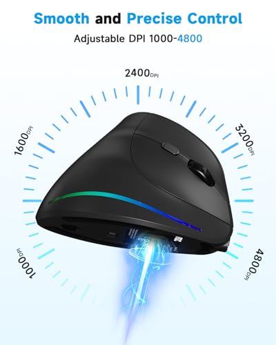 Image of AOC 2.4GHz Ergonomic Mouse, Wireless Bluetooth Vertical Mouse for Work, 4800 DPI Optical Tracking, 5 Adjustable DPI, Quiet Clicks, RGB Light, Compatible with Computer, Laptop, PC, Mac, Desktop - Black