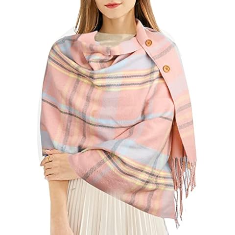 Adigaber Women Scarves Warm Tartan Wraps Winter Long Soft Stole Tassel Shawl with Buttons Cover