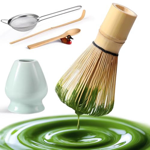Matcha Whisk Set,MatchaSet with Bamboo Matcha Whisk and Ceramic Holder,Bamboo Scoop+Wooden Spoon,Scoop Holder,Sifter-Complete Matcha Tea Set,6 Pcs Matcha Kit,Tools for Matchas Ceremonial Grade Kit