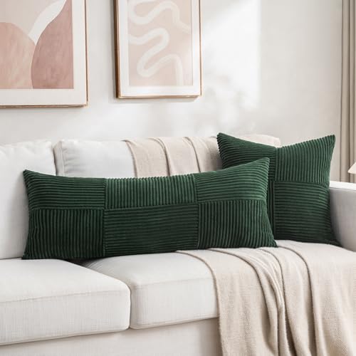 Image of Fancy Homi Set of 2 Dark Green Boho Long Lumbar Body Decorative Throw Pillow Cover 14x36 Inch for Bed Couch Bedroom Bench, Soft Patchwork Corduroy Textured Pillow Case, Rustic Farmhouse Room Decor