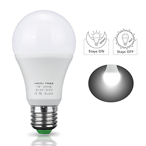 Dusk to Dawn Light Bulb,HAIMI TREE 7W E26/E27 Smart Dusk to Dawn LED Bulb with Auto on/Off Indoor/Outdoor LED Sensor Lighting Lamp for Porch Hallway Patio Garage(Cold White)