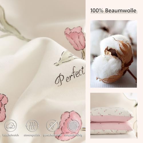 Freyamy Mädchen Bettwäsche 220x240 Baumwolle Rosa Blumen Bettwäsche Set – Ansicht 5