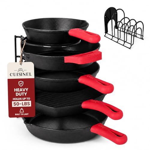 Cuisinel Pan Organizer for Cast Iron Skillets, Griddles, 5-Tier Rack, Black 12.2″