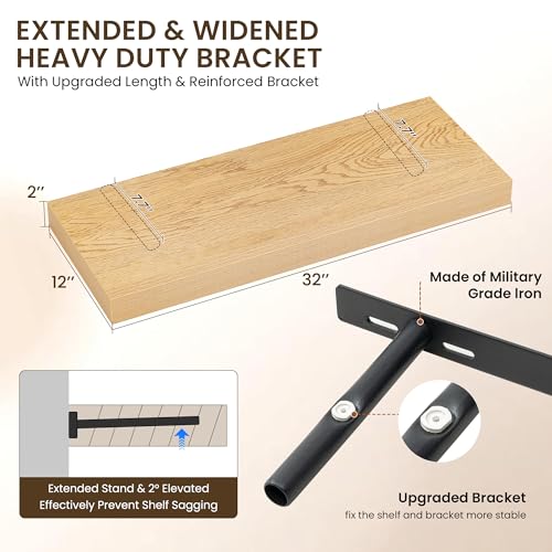 Image of Dreamland 32 inch Floating Shelves for Wall, 12 inch Deep Thicker Oak Floating Shelves, Wall-Mounted Shelves for Bedroom, Living Room, Kitchen, Bathroom - Set of 2