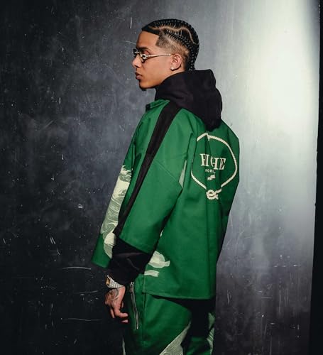 2-Piece Streetwear Set – Men’s French Terry Hoodie & Poly-Twill Woven Shirt with Printed Graphics Black/Green3