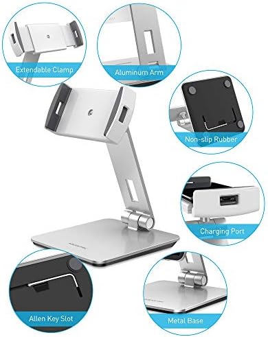 AboveTEK Professional Business POS Tablet Stand, Flexible Tablet Mount for Home Office & Commercial Desktop with 360° Swivel Holders for Any 4-14" Display Tablets or Cell Phones (Silver)