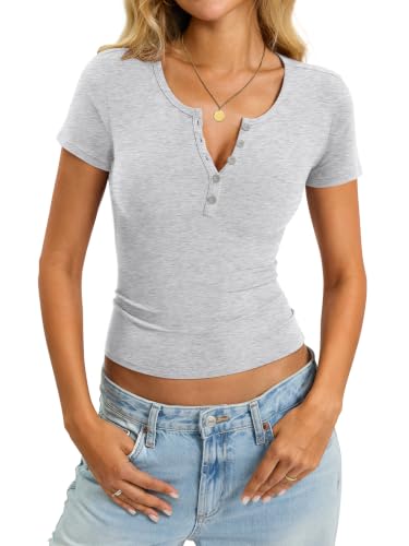 Image of EasyGala Womens Cotton Short Sleeve Shirts V Neck Henley Tops Basic Tees