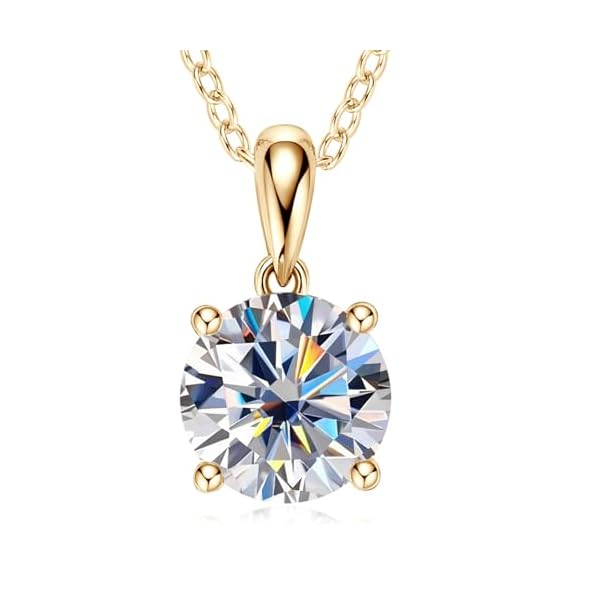 14K Solid Yellow Gold Moissanite Pendant with Sterling Silver Chain, 2.0CT 8mm Round Cut Solitaire Moissanite Necklace Fine Jewelry Anniversary Birthday Christmas Gifts for Women Her Wife