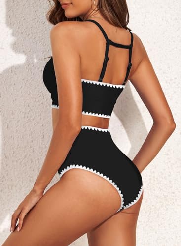 Image of Herseas Women's Bikini Sets High Neck Tropical Leaf Print High Waisted Two Pieces Swimsuits Bathing Suits