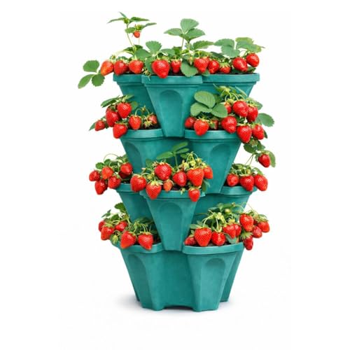 Strawberry Planter Tower 4 Tier Stackable Vertical Planter 16 Plant Sites Space Saving Garden Planter Indoor Outdoor Made in USA (Mineral Teal Small)