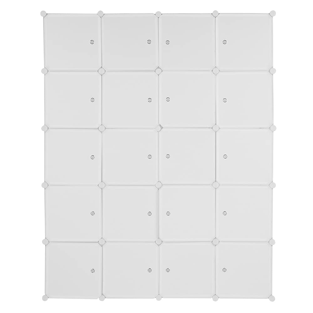 Bonnlo Kleiderschrank aus Kunststoff, DIY Regalsystem, Tragbarer Garderobenschrank, Regal mit Türen, Steckregal 20 Würfel, mit 3 Kleiderstange, Weiß, 142x47x178cm