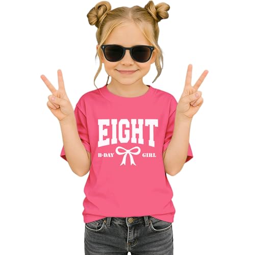MULOIUDZ Eight Birthday Girl Shirts 8th Girls Birthday Outfits Kid Bow B-Day T-Shirt 8 Years Old Party Tees Gift Tops(Hot Pink 8th)