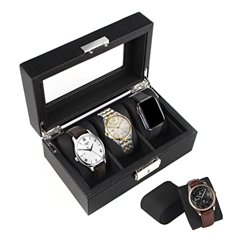 gramiibeau Uhrenbox 3 Uhren Schwarz, PU Kohlefaser Ledertasche Luxusleder Aufbewahrungsbox Cover