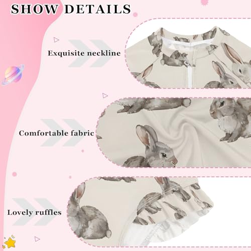 ALAZA Gray Rabbit Bunny Retro Girls One Piece Swimsuit Long Sleeve Rash Guard Swimsuits UV 50+ Swimwear Zipper4