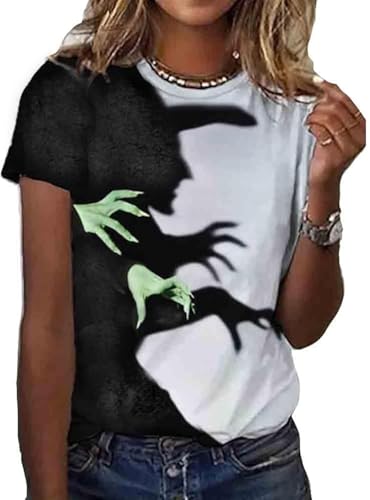 Halloween Witch Shadow Shirt Women Novelty Witch Shadow Graphic Print Tee Tops Hocus Pocus Casual Fall Blouse Tops