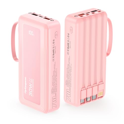 Pink Power Bank 30W 27000mAh Portable Charger Built-in Cables USB C Fast Charging 6 Outputs & 2 Inputs External Battery Pack with LED Digital Display Compatible with Laptop iPhone 15 14 13 Pro