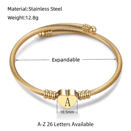 Women Gold Plated Heart Initial A-Z Letter Cuff Bracelets Expandable Stainless Steel Birthday Jewelry2
