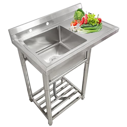 Fregadero de acero inoxidable Fregadero de acero inoxidable para uso general, independiente, de un solo seno, para cocina, de preparación y uso general, con banco de trabajo para casa de cam