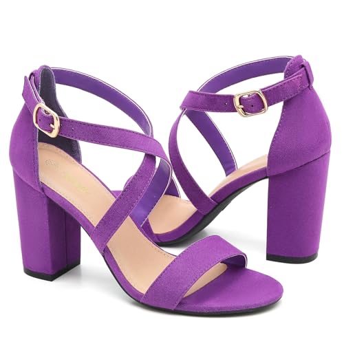 Image of Trary Women's Block Chunky Heel Sandals for Women Open Toe Adjustable Cross Ankle Strap Dress Shoes Walking Wedding Evening Bridal Heels