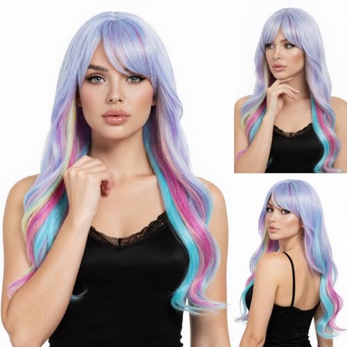 R REEWES FASHION HAIR Rainbow Wigs for Women Long Curly