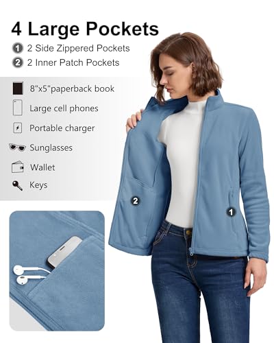 33,000ft Damen Fleecejacke mit Durchgehendem Reißverschluss Stehkragen Damen Leichte Fleece Jacke Outdoor Damenjacke für Wandern und Freizeit,Graublau XL