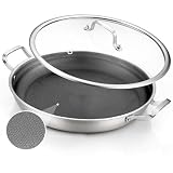 DELARLO Paella Pan 14 Inch Tri-Ply Stainless Steel Paella Pan with Lid Nonstick Frying Pan, Hybrid Induction Large Skillets,Great for Paella Parties Indoors Outdoors,Heavy Duty Style