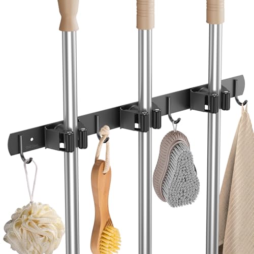 3 Positionen Wandmontierter Mopphalter, Robust Edelstahl Besenhalter, Multifunktionaler Besen Aufbewahrung, Mop Halterung mit Haken, Wischmopp Wandhalterung, Gerätehalterleiste für Küche Bad Garten