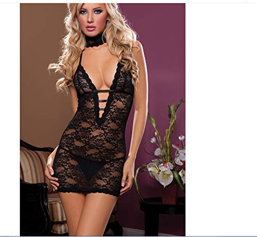 NMNMNM Conjunto Negro con Tanga Elegante Ahuecado Vestido de Encaje Transparente Body Ropa Interior Ropa de Dormir (Talla única Negra)