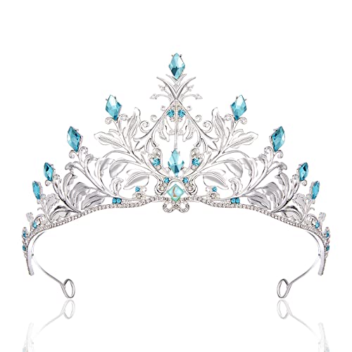 SWEETV Frozen Elsa Tiara Crown Princess Tiara, Ice Queen Crown for Women Girls, Blue Silver Birthday Crown, Costume Hair Accessories for Cosplay Party Halloween