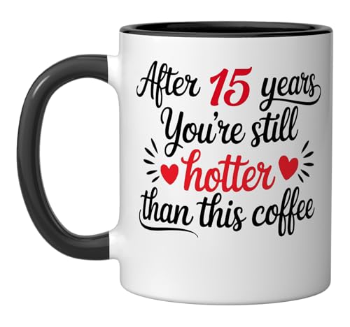 Taza de cerámica 15 aniversario boda 11 oz negro/blanco