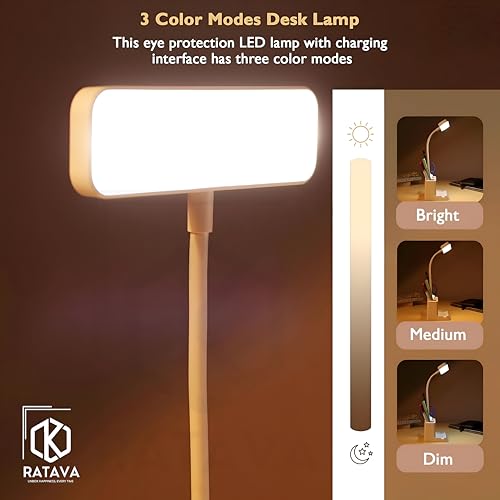 Image of Rechargeable 3-Color LED Desk Lamp with Phone Holder & Pen Stand - Adjustable Brightness Study Light for Students, Kids, Office - Touch Control, Eye Protection, Portable Desk Lighting (White)