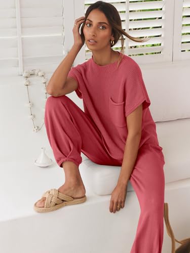 Image of ANRABESS Women's Two Piece Outfits Sweater Sets Knit Pullover Tops and High Waisted Pants Tracksuit Lounge Sets