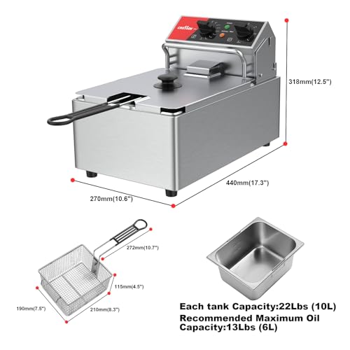 CROSSON 6L Elektrische Aufsatzfritteuse mit leicht zu reinigendem rotierendem Fritteusenkopf, 30 Minuten Timer, abnehmbarer Öltank 304 SS mit Griff (6L single tank) – Bild 8