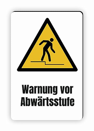 Warnzeichen (W070) Warnung vor Abwärtsstufe - Eckiges Warnschild mit Text