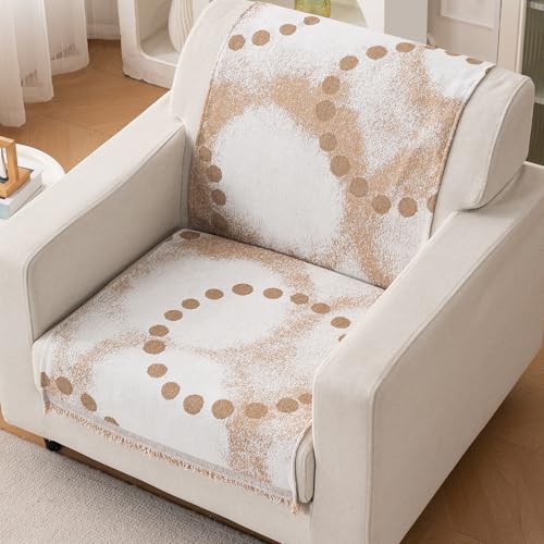 Image of HOKIPO Sofa Cover for 1 Seater Sofa | Full Protection for Seat and Back |Premium 320 GSM Chenille Fabric | 'Serene Abode Series' (180x60 cm), Latte Dotted Wave (AR-6634-D3)