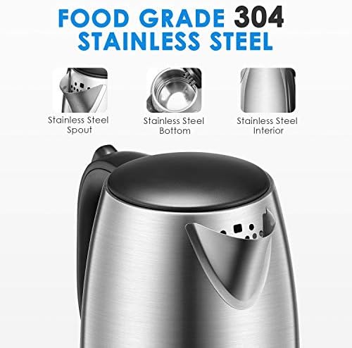 3000W Fast Boil Kettle, FOHERE Stainless Steel Cordless Electric Kettle, BPA-Free Hot Water Boiler, 1.7 Liter, Removable Washable Filter, Boil Dry Protection & Auto Shut Off, Silver