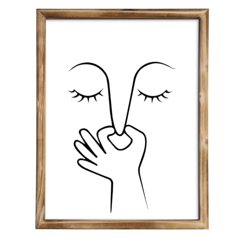 MODE HOME Farmhouse Bathroom Wall Art with Torched Brown Wooden Frame, 14x11 Inch Funny Bathroom Sign, Minimalist Line Art Nose Pinching Print, Shabby Chic Modern Guest Bathroom Decor