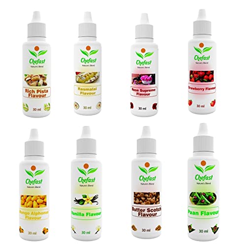 Image of Chefast Pack of 8 Baking Essence Flavour of Rasmalai, Mango, Pista , Rose , Strawberry , Paan , Vanilla , Butter Scotch For Cake, Ice-Cream, Milkshakes- 30ML Each ( Use 2-3 Drops for 250 Grm Cake)
