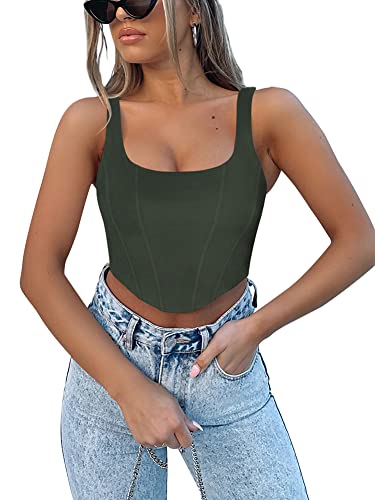 Reoria Women's Summer Sexy Square Neck Sleeveless Trendy Night Club Cropped Tank Top Cute Going Out Bustier Corset Crop Tops Grey Green Large #TOP2