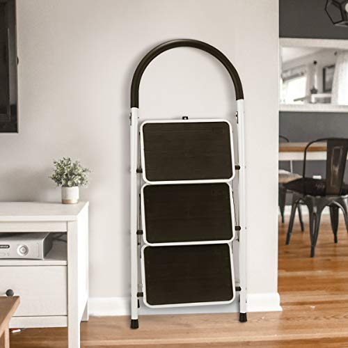 KingSo 3 Step Ladder Folding Step Stool with Steel Wide Anti-Slip Pedal and Handgrip Anti-Slip, Lightweight 350lbs Portable Steel Step Stool, (350lbs Capacity)