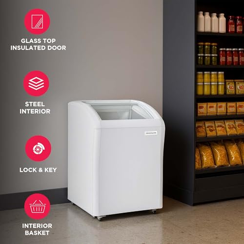 Image of Frigidaire Commercial Chest Freezer for Ice Cream and Frozen Foods, Store Displayer, Glass Top Storage Case, 4 Cu. Ft. Bin, Rolling Caster Wheels, Adjustable Temperature, Energy Efficient Cooling