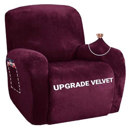 Image of ZNSAYOTX Stretch Velvet Recliner Cover 4-Pieces, Thick Soft Recliner Chair Slipcover with Pocket, Non-Slip Elastic Bottom for Kids Pets, Luxury Plush Reclining Protector Comfy Washable (Wine Red)