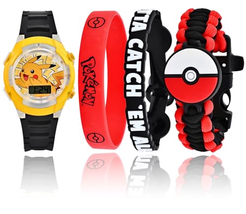 Accutime POK40055 Ensemble Montre Pokémon avec Accessoires, Montre LCD pour Enfant avec Affichage numérique, LED Clignotantes, Bracelet de Survie et 2...