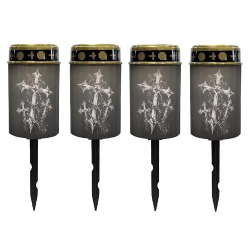 Image of Poceacles Solar Powered Outdoor Lights Cemetery Solar Memorial Lights Outdoor Waterproof Landscape Candles for Yard Patio Lawn Home Decor, Cross Print Black, Set of 4