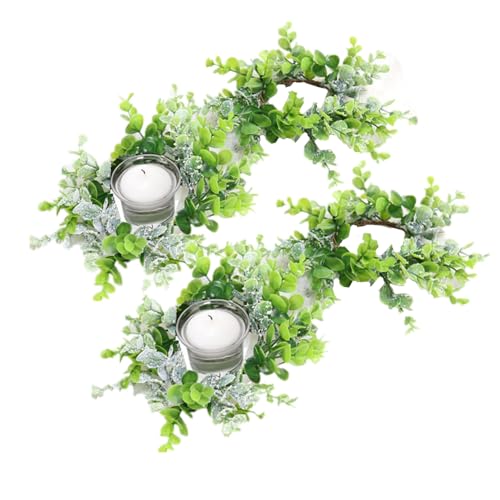 Candle Rings 3" Center Eucalyptus Candle Ring Artificial Mini Wreath Pillar Candle Holder Twig Spring Candle Wreaths for LED Candles Birthday Wedding Dinning Party or Easter Fireplace Decor (4, Green)