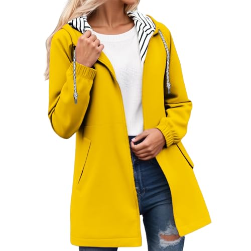 Chubasquero largo para mujer, impermeable, transpirable, con capucha, ligero, resistente al viento, chaqueta para exteriores para bicicleta y actividades de senderismo en tallas grandes, 02 amarillo