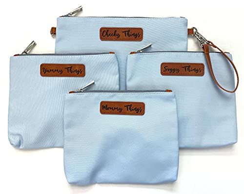 Image of Stylish Diaper Bag Organizing Pouches - XL Set of 4 Light Blue Canvas Diaper Bag Pouches with Leather Embossed Labels, Leather Wristlet Strap & Durable Metal Zippers