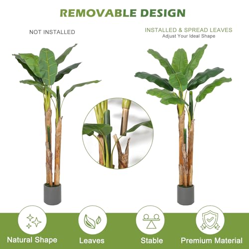 GarveeHome Artificial Banana Tree, 5FT Faux Banana Tree with Grey Planter, Artificial Plants with 11 Faux Banana Leaves Plant for Home Office Decor